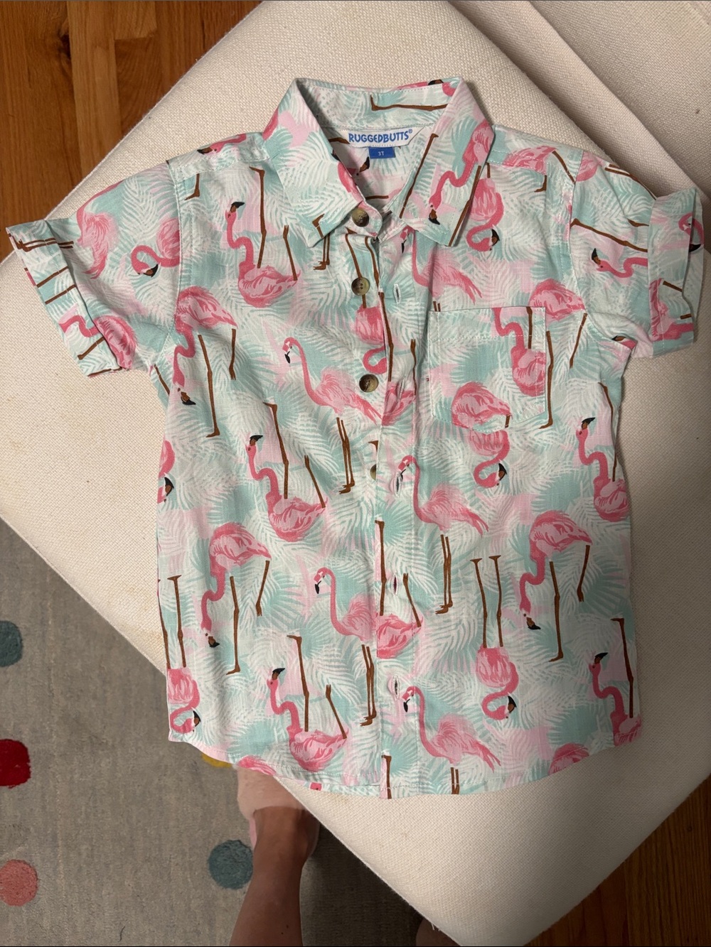 RuffleButts Mint Button-Up Shirt with Pink Flamingo Print